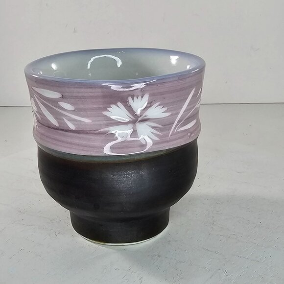 Japanese Style Ceramic Tea Cup Floral Design Purple Brown No Handle Coffee Mug - Picture 5 of 9